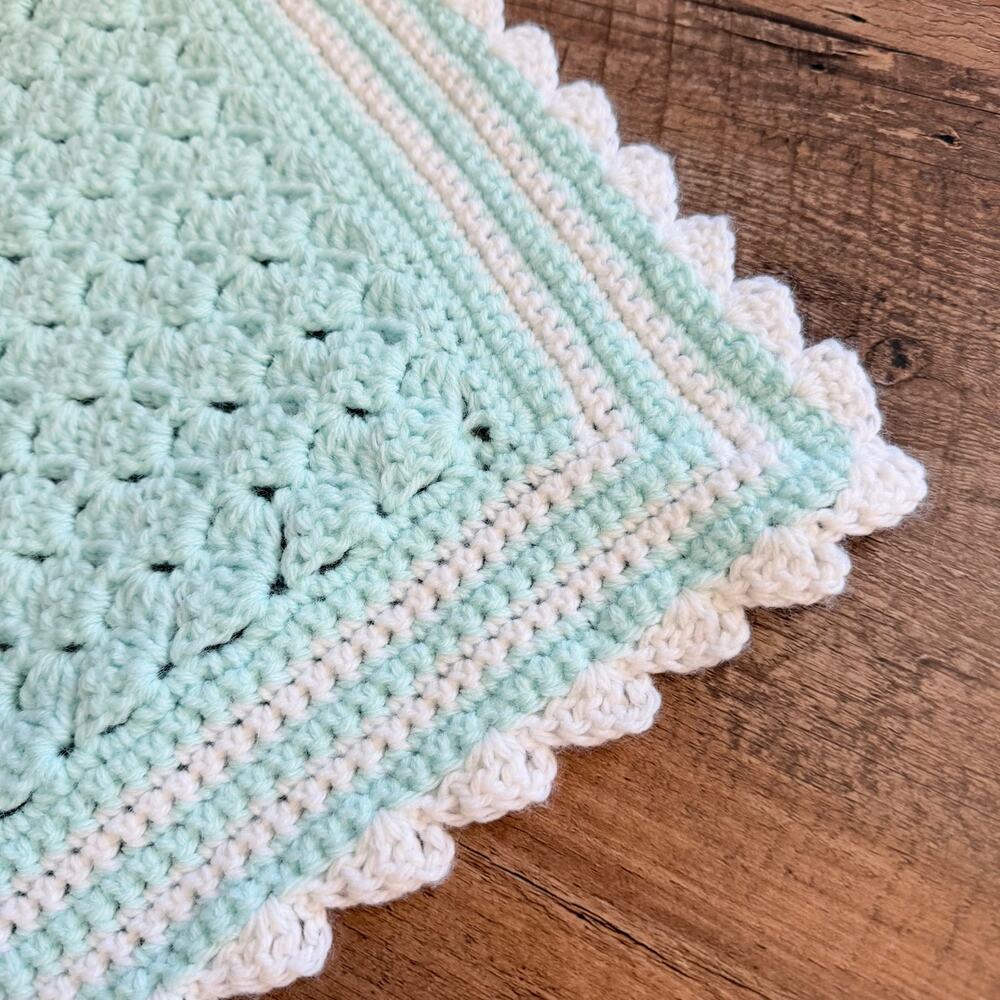 Hand Crocheted Baby Blanket Green White Scalloped Edge 28x44